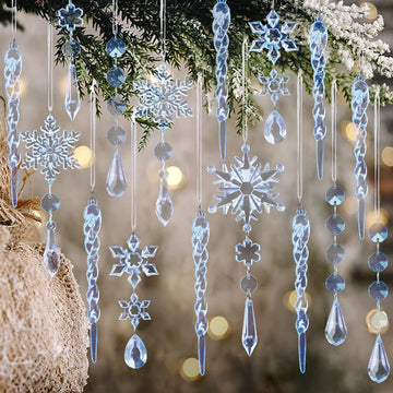 Crystal Christmas Tree Ornaments, Blue Acrylic Snowflake & Icicle - Set of 18