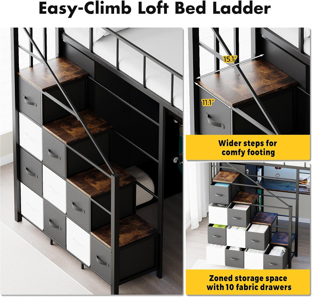 Twin Loft Bed with Desk, Stairs & LED Light, Metal Gaming Loft Bed Frame with Headboard, Safety Guardrail