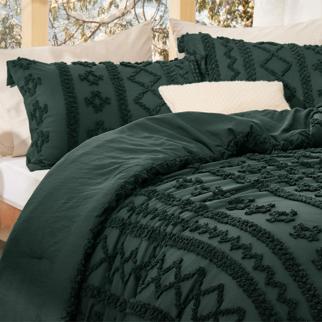 Tufted Boho Comforter Set Twin, Bedroom Decor Bedding Set Dark Green