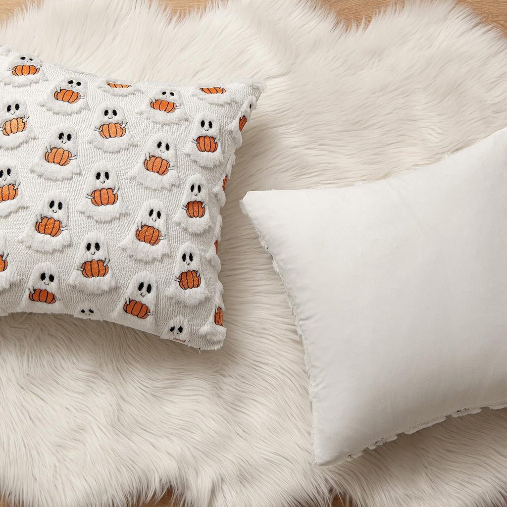 Halloween Pillow Covers Decorative Fall Cute Ghost Plush Faux Fur Pillows 18x18 Inch Soft Pumpkin Accents - Set of 2