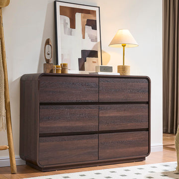 Walnut 6 Drawer Dresser, Curved Chest of Drawers, 47 Inch Wide Dresser with Deep Drawers, Modern Drawer Closet s