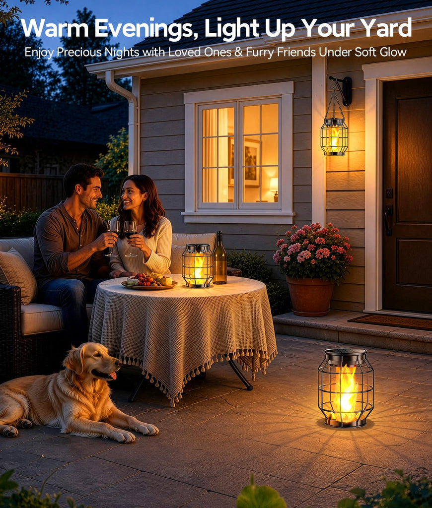 Solar Lanterns Outdoor Waterproof, 4 Pack Upgraded Flickering Flame Hanging Solar Lights Outdoor Decorative, Metal