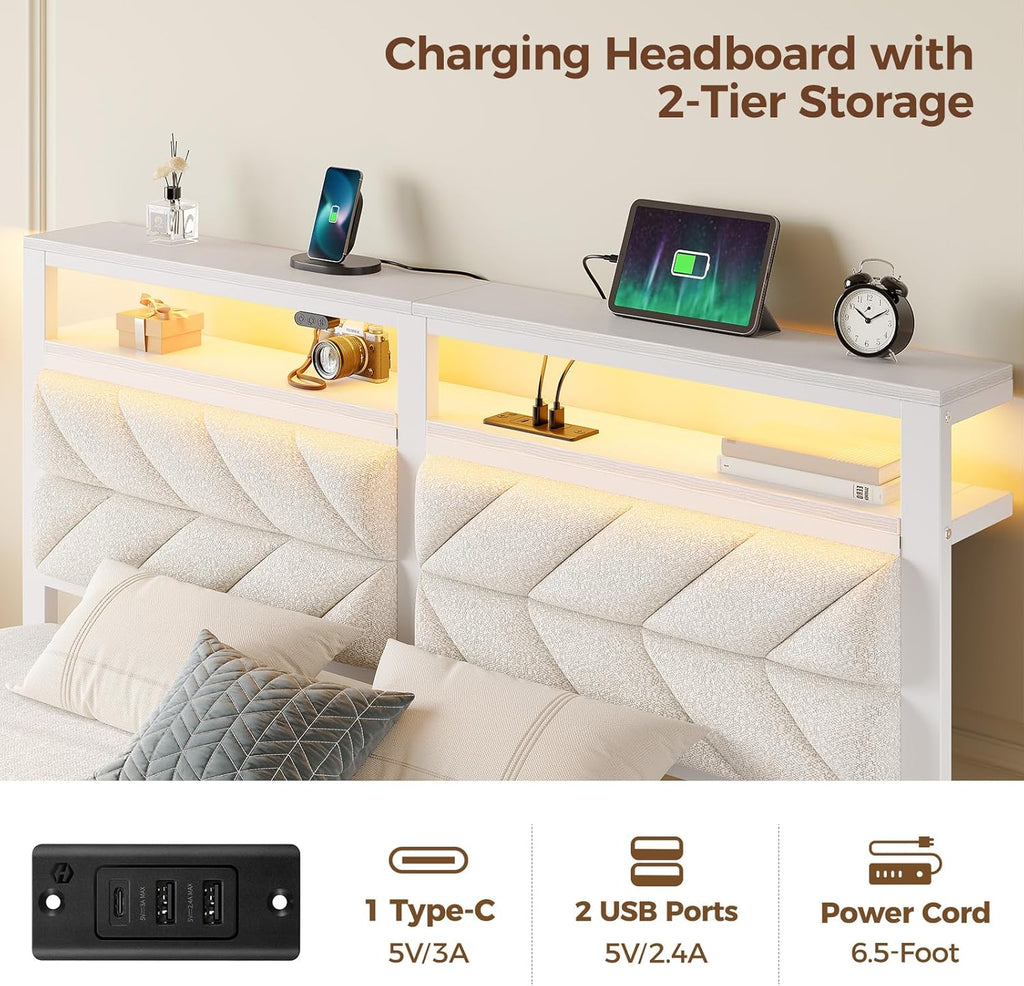 Bed Frame Full with Charging Station, LED Bed with Upholstered Storage Headboard