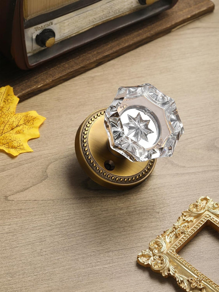 Door Knob Antique Brass Passage Crystal Glass Interior 4 Pack
