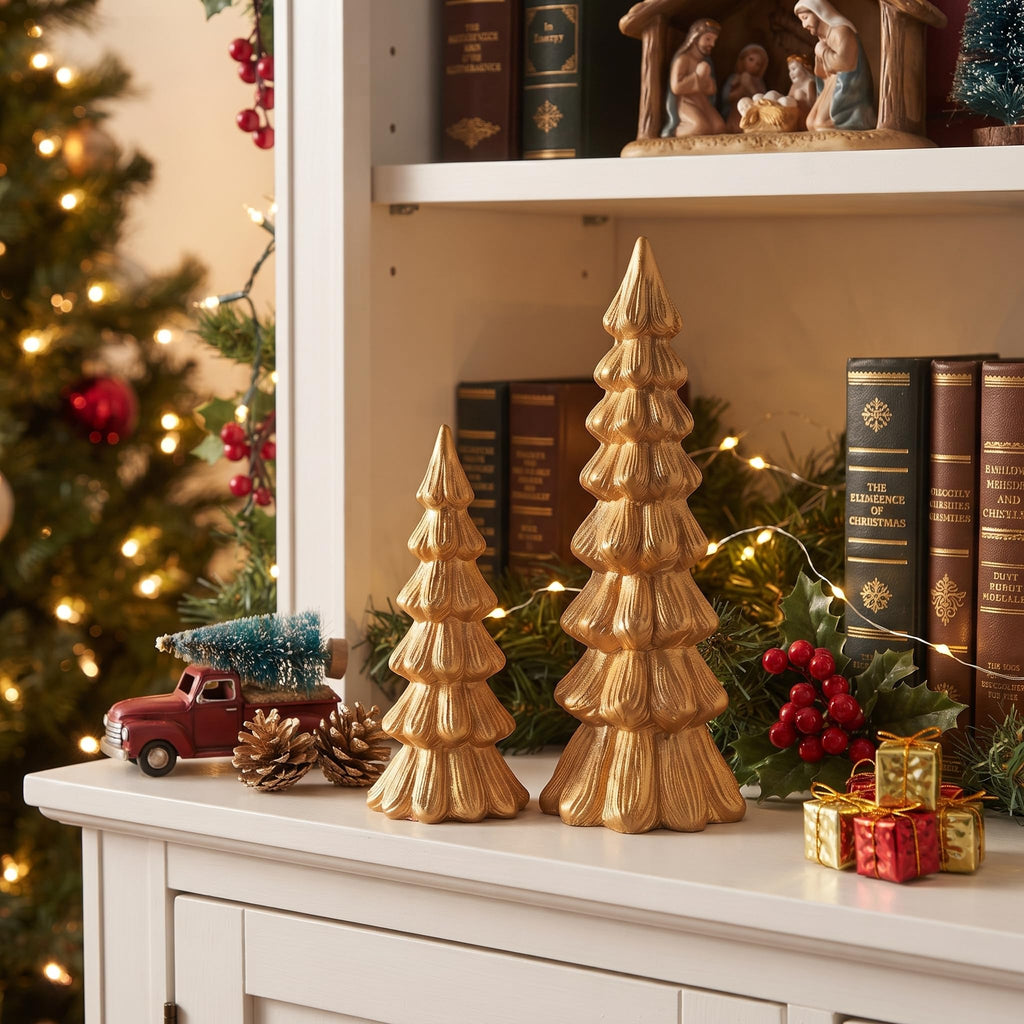 Gold Christmas Tree Decorations, 2Pcs Resin Tabletop Xmas Tree Figurines