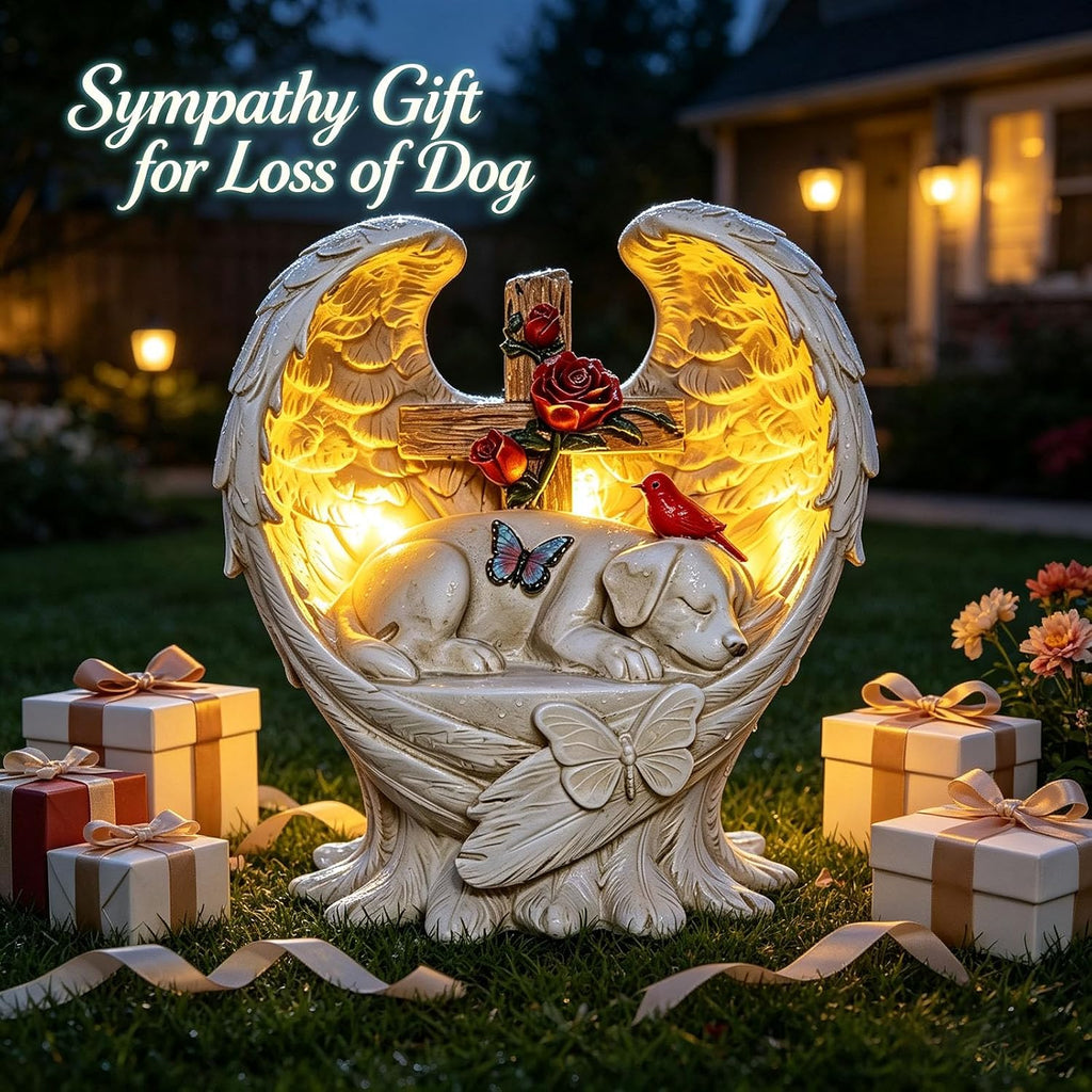 Dog Memorial Stone Solar Angel Wings Garden Statue 10inch