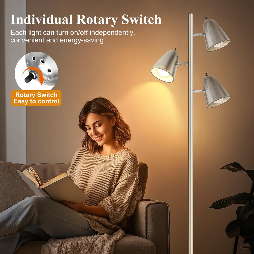 Tree Floor Lamp with 3 Light Bulbs, Standing Tall Pole Lamps Bedroom Office, Reading Stand up Lamps with 3 Adjustable