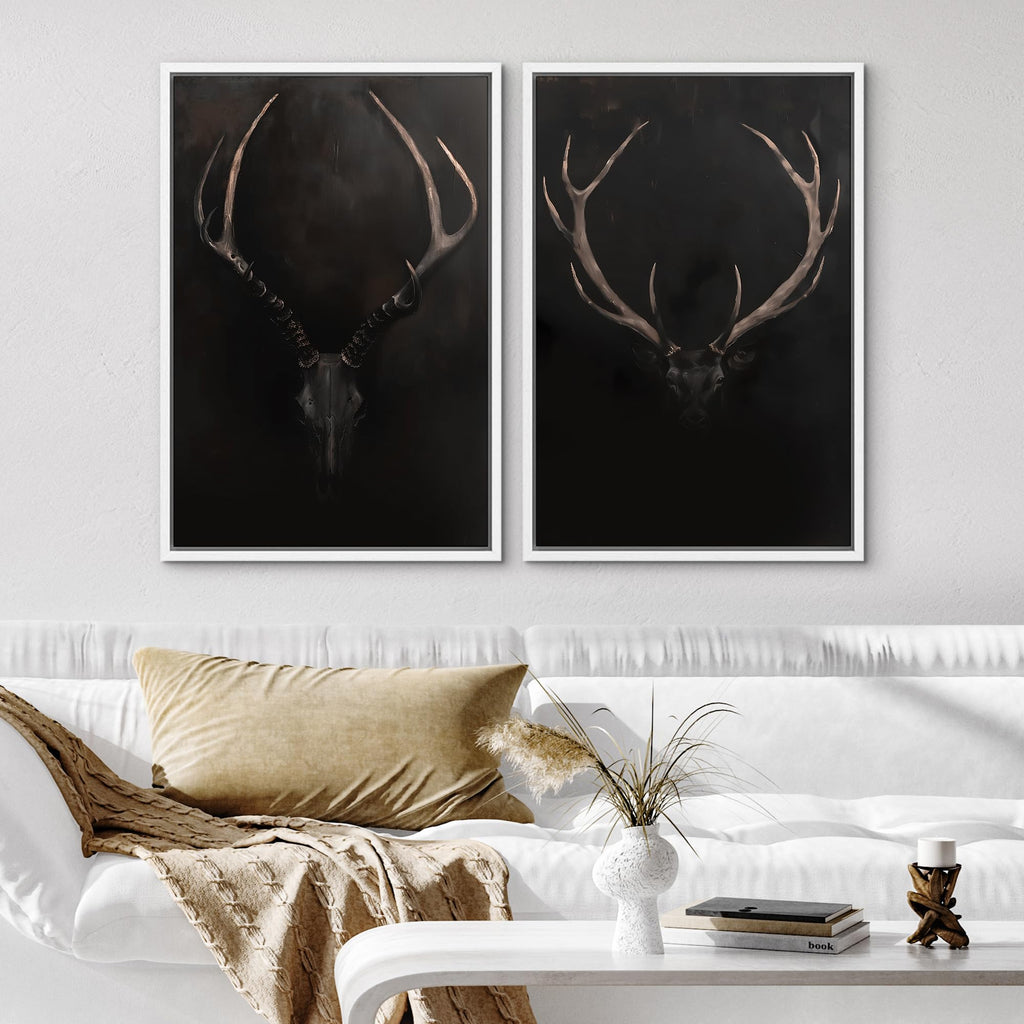 Framed Canvas Print Wall Art Rustic Antler Skull Dark Dramatic Black Vintage-Inspired Deer and Elk Antlers