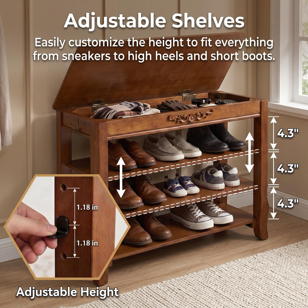 Shoe Rack Bench with Lift-Top Storage, 3-Tier Shoe Storage Bench with Wooden Seat, 550lbs Heavy Duty Entryway Bench