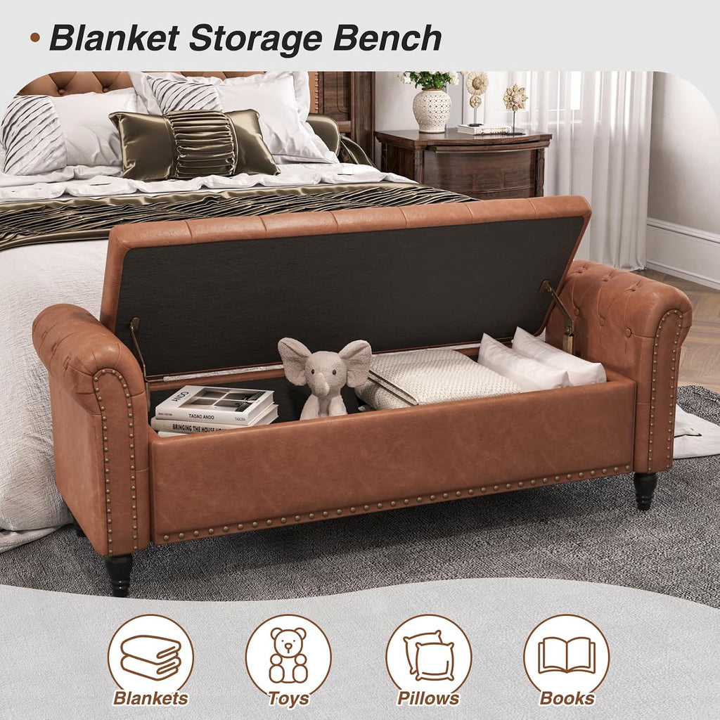 65 Inch Bedroom Bench, End of Bed Bench with Storage, Brown | Bed Benches for Foot of Bed, Faux Leather Window Bench