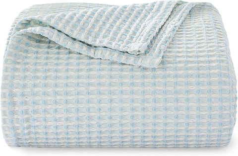 Lightweight Cotton Waffle Throw Blanket, Modern Two-Tone Check Pattern, Soft & Breathable, All Seasons - Light