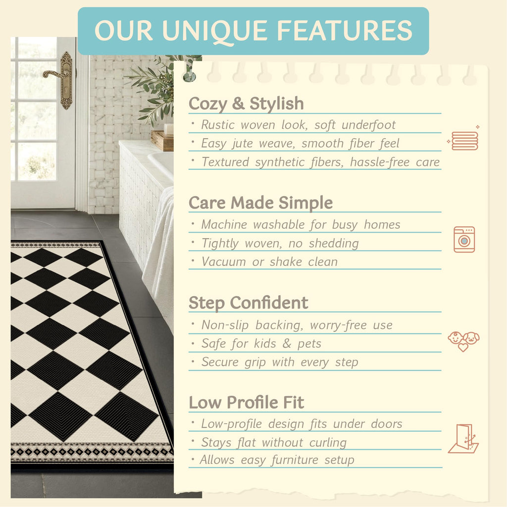 Black and White Checkered Easy Jute Laundry Room Rug Runner, Laundry Floor Mat, Washable Non Slip Diamond Boho