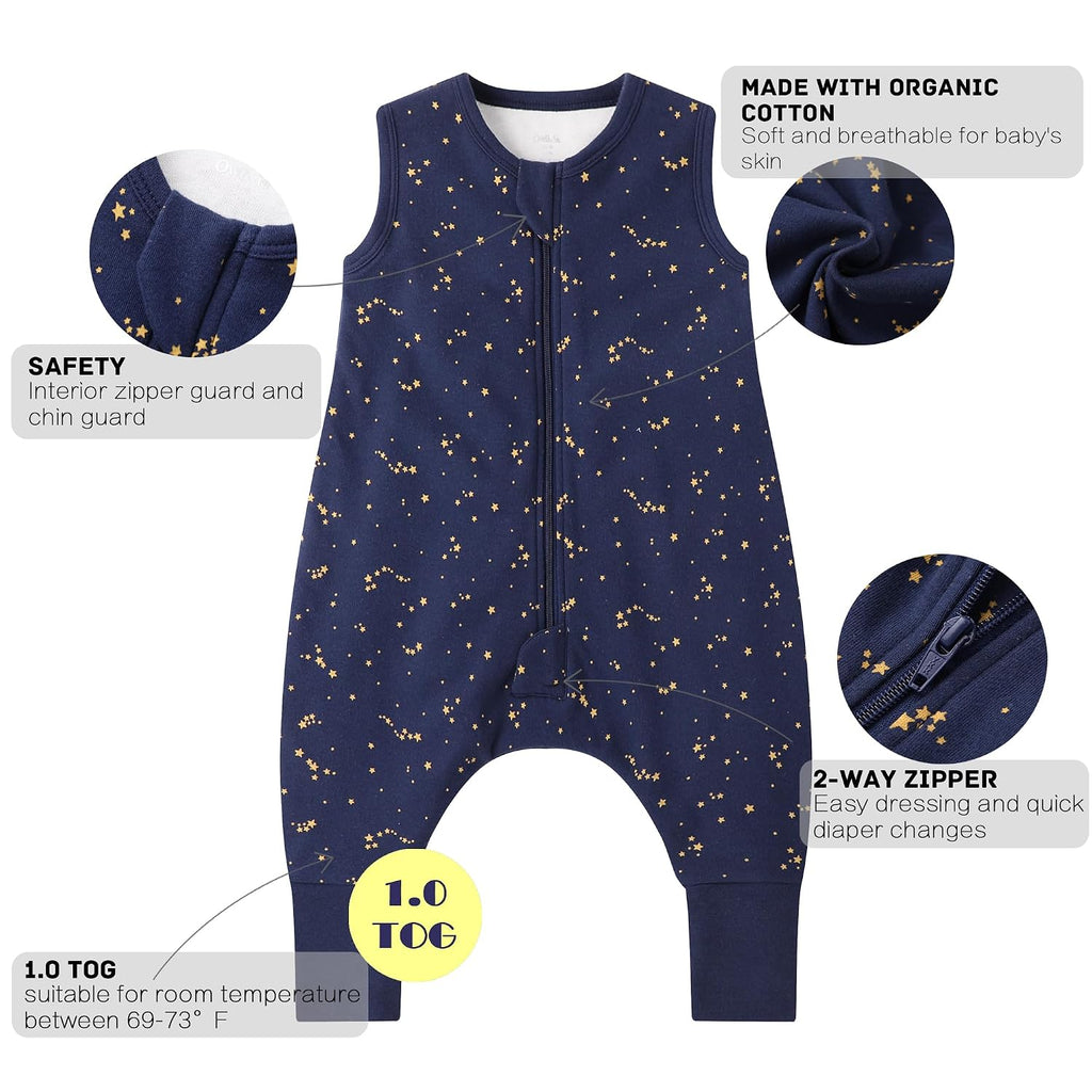 1.0 Tog 100% Organic Cotton Baby Sleeping Bag with Feet Toddler Sleep Sack with Legs Sleeveless Wearable Blanket(1.0