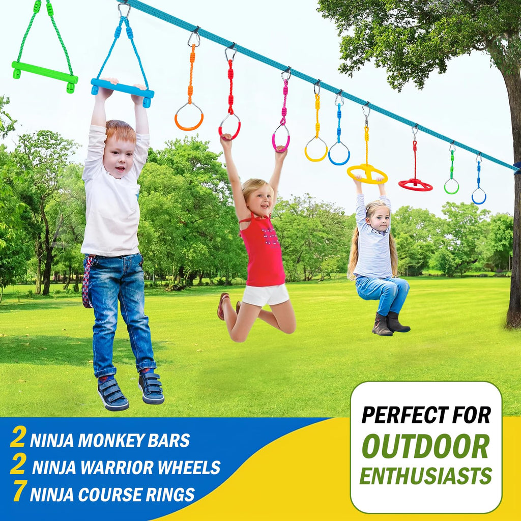 Warrior Obstacle Course Attachments - 7 Monkey Rings, 2 Monkey Bars, 2 Ninja Wheel, Backyard Obstacle Course Set