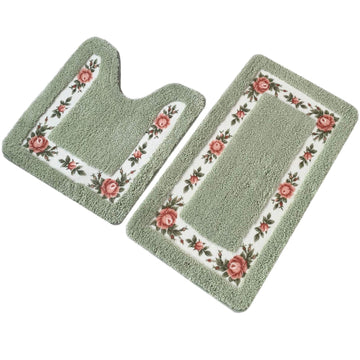 Non-Skid Floral Rose Bathroom Contour Rugs, Set of 2 Soft Shaggy Non Slip Bath Shower Mat and U-Shaped Toilet Floor