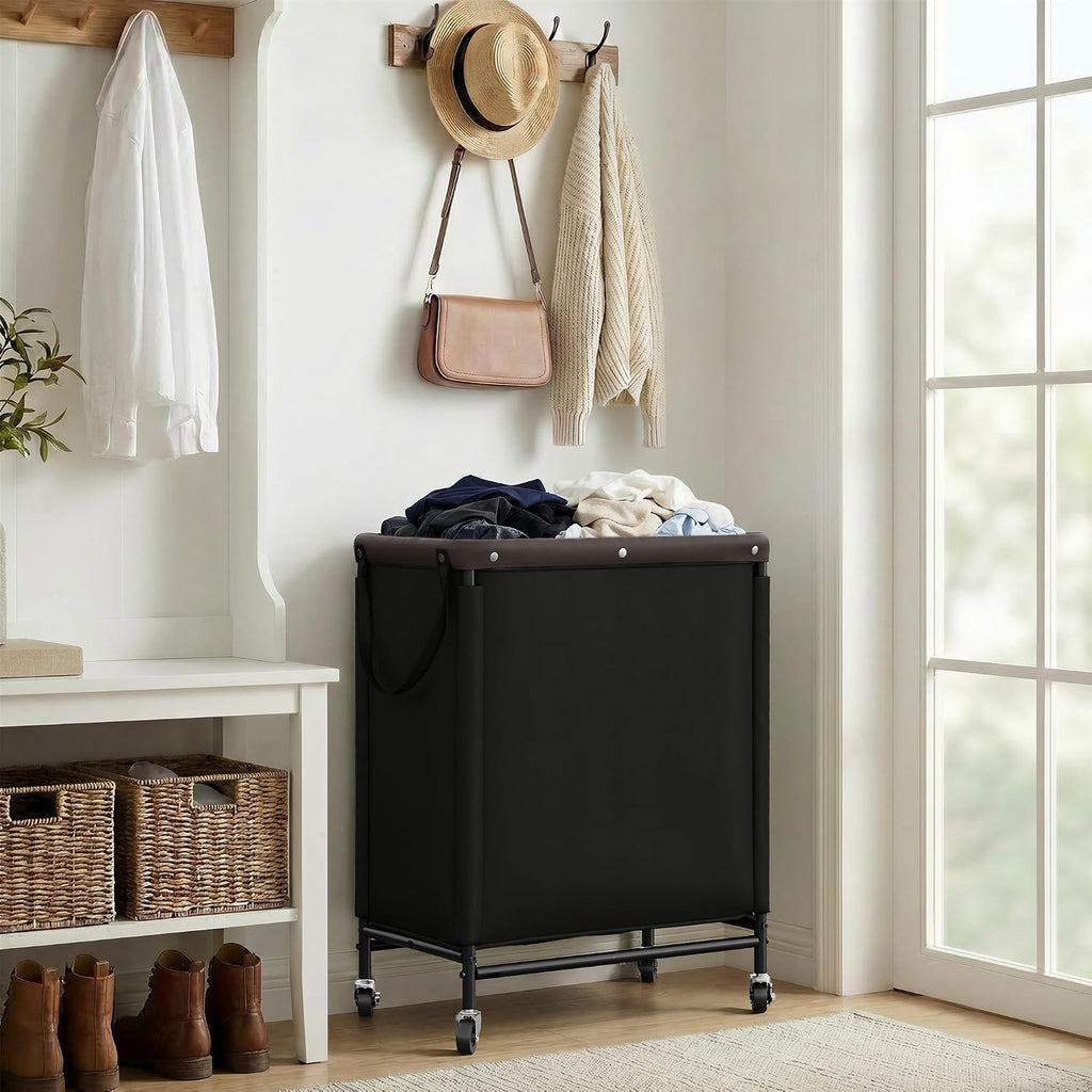 2 Section Laundry Hamper, 100L Black Sorter Cart with Wheels