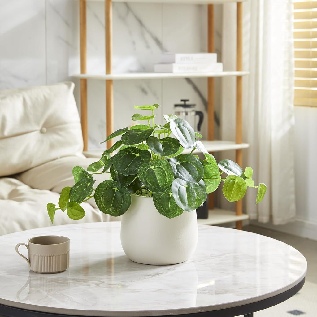 Artificial Pilea Plant - Luxury Potted Money Plant in White Textured Pot with Real Pebbles, Premium Soft Plastic
