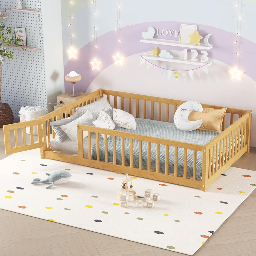 Full Size Montessori Bed with High Fence and Guardrail, Solid Wood Floor Bed Frame for Kids Boys Girls, Natural