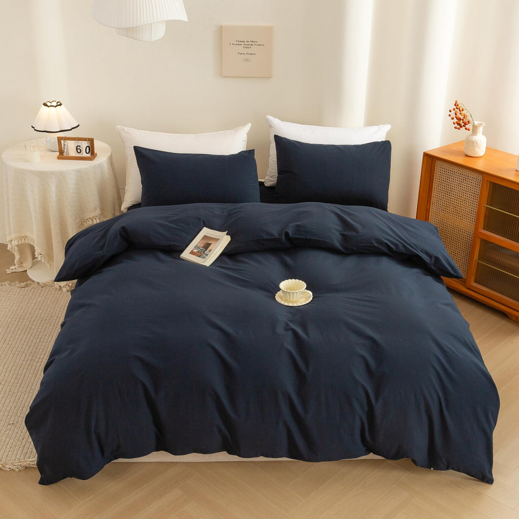 Cotton 3 Pcs Duvet Cover Set Linen Feel Navy Blue King