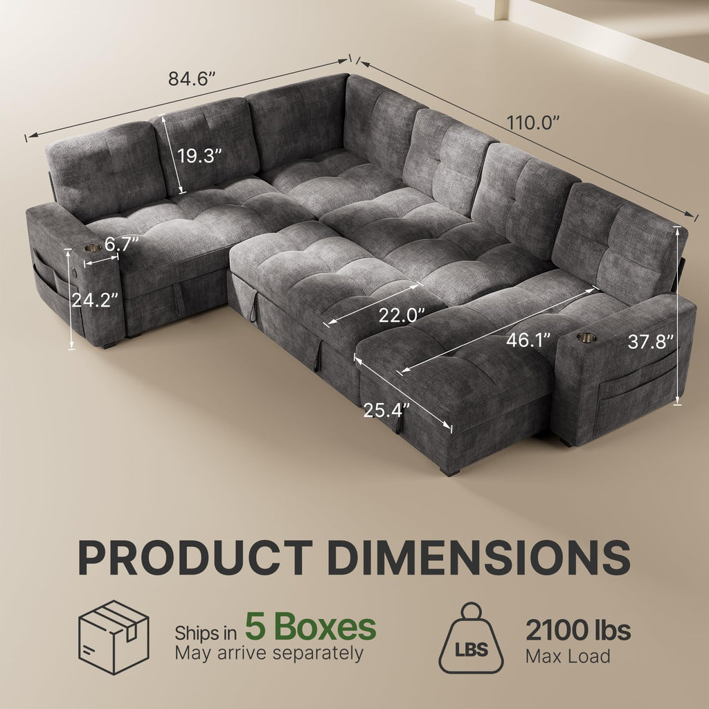7 Seat Modular Sectional Sleeper Sofa with Pull Out Bed, Light Gray
