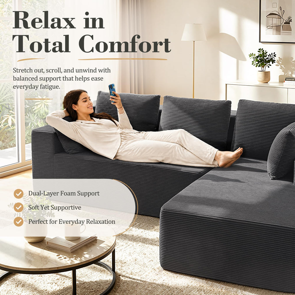 98" Cloud Sectional Boneless Couches, Modular L Shaped Sofa with Left Facing Chaise, Dual-Layer Foam, Corduroy