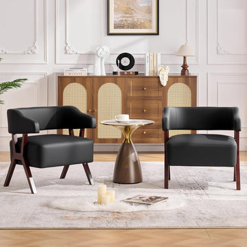 Barrel Accent Chairs, Leather Chair with Solid Wood Frame (2, Black) - Set of 2