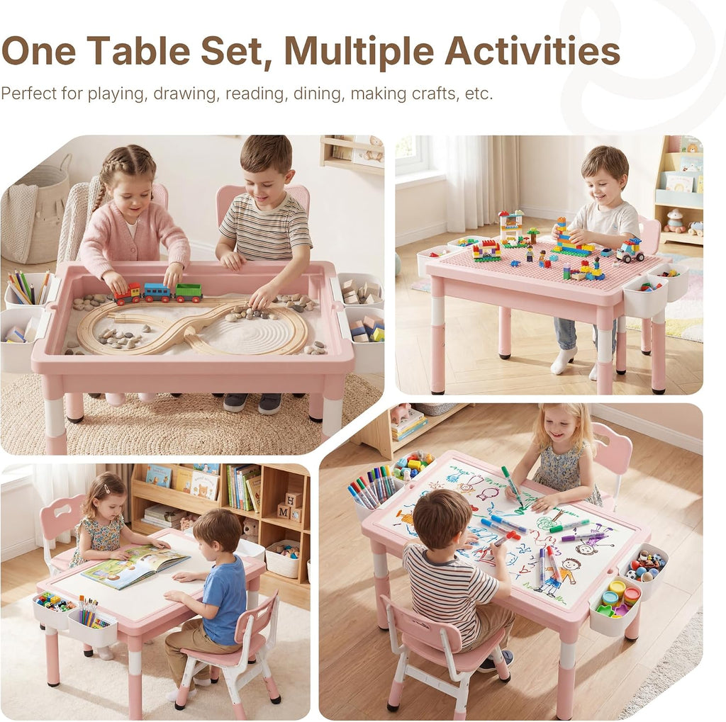 In-1 Kids Table and 2 Chairs Set, Reversible Tabletop, Pink