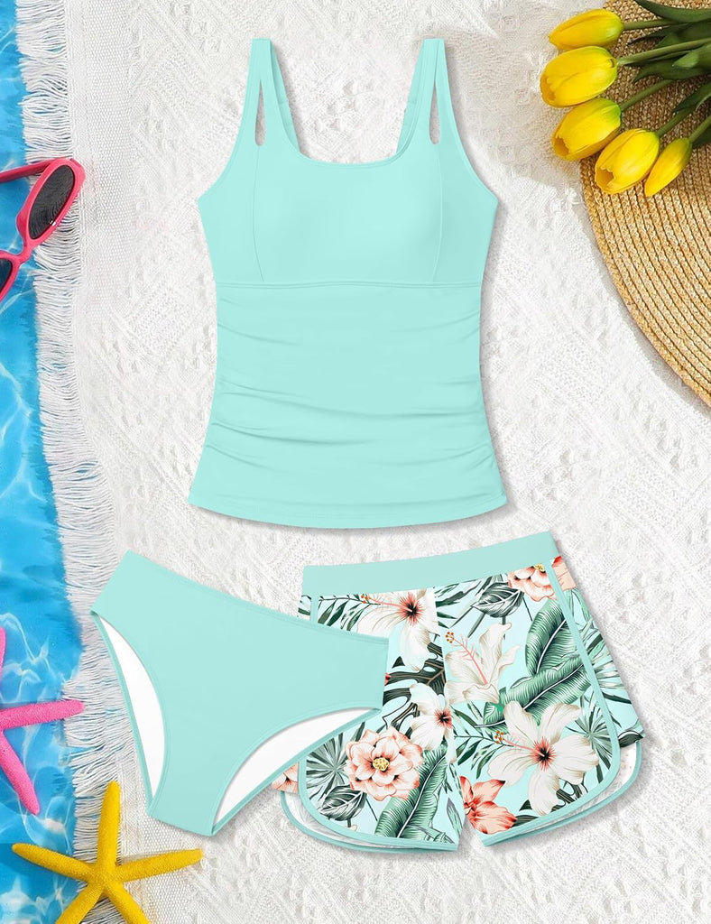 Girls Tankini Swimsuit 3 Piece Bathing Suits for Girl Square Collar Tankinis Set Girls' Swimwear with Print Shorts
