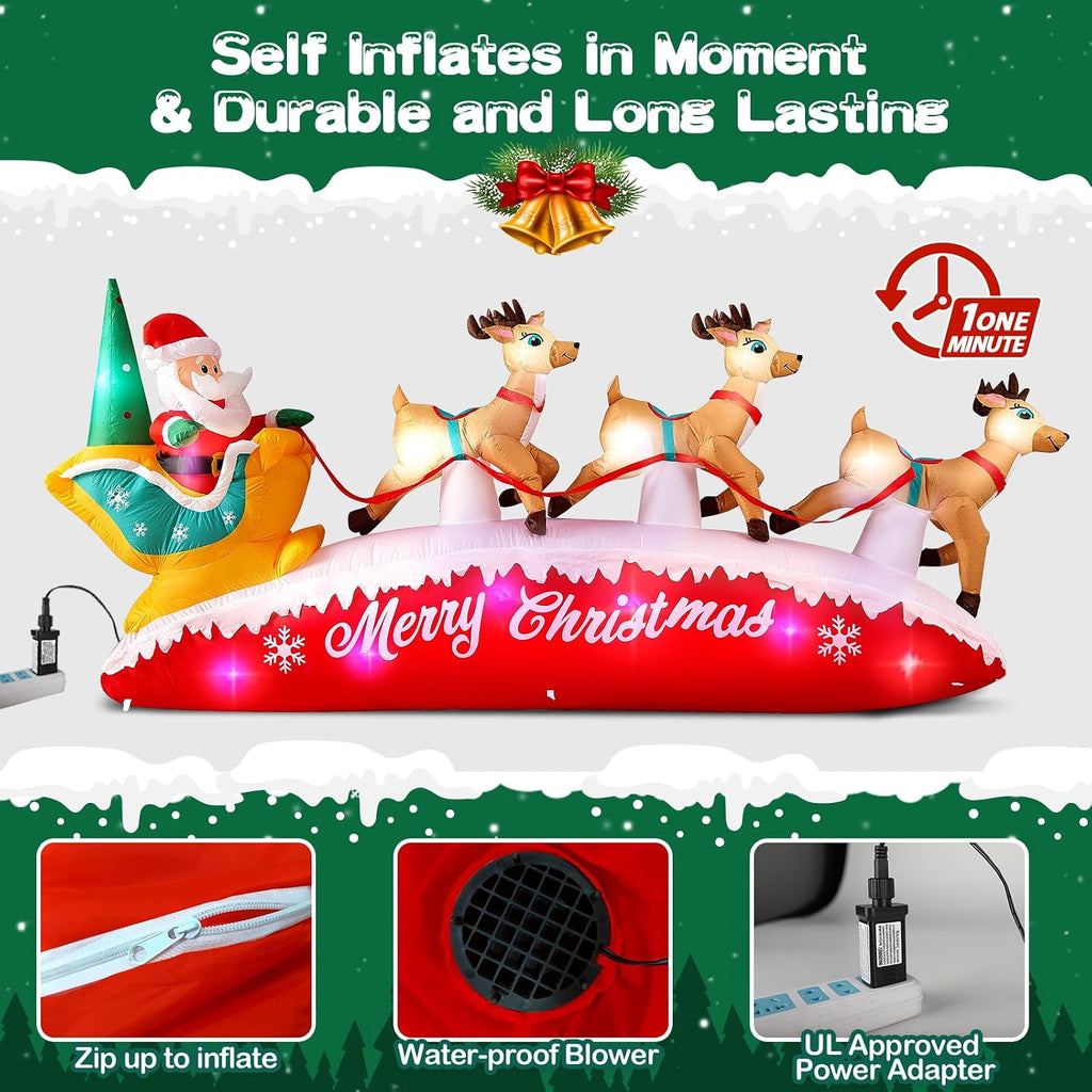 Christmas Inflatables 10 FT Long Santa Sleigh and Reindeer Decor