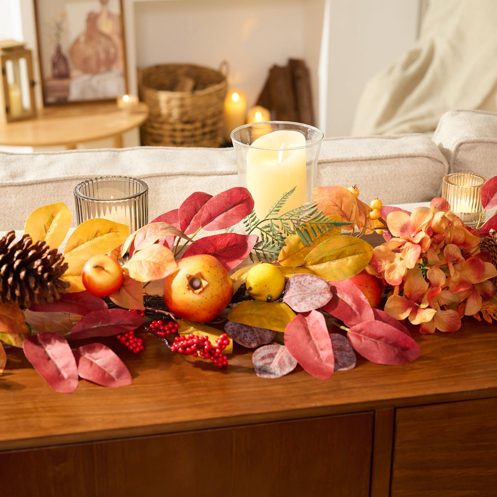 DecorbyHannah 6ft Fall Garland for Mantle with Lights & Leaves Pomegranate