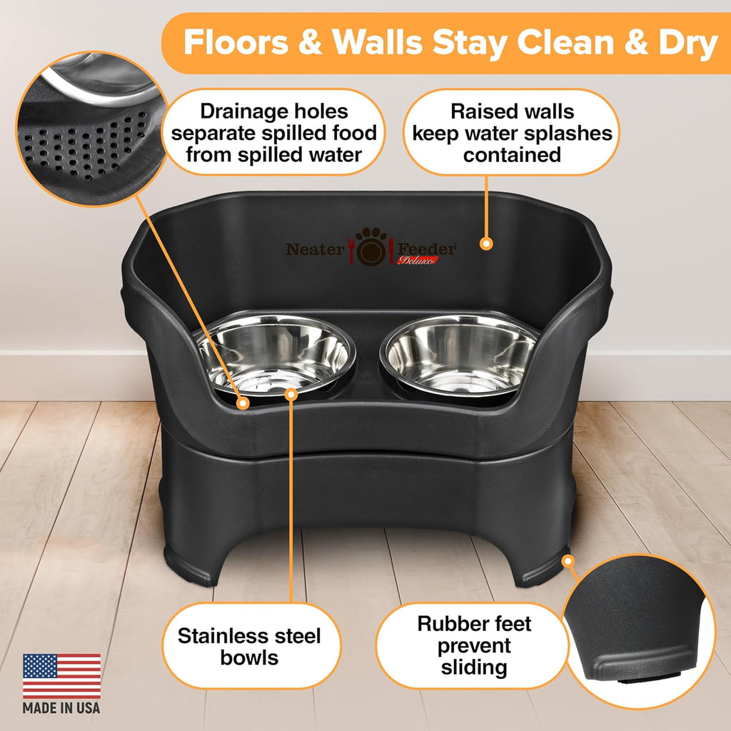 Feeder Deluxe Mess Proof Dog Bowls Elevated for Large Dogs Over 40 lbs, Made in USA, No Spill Raised Dog Food Bowl