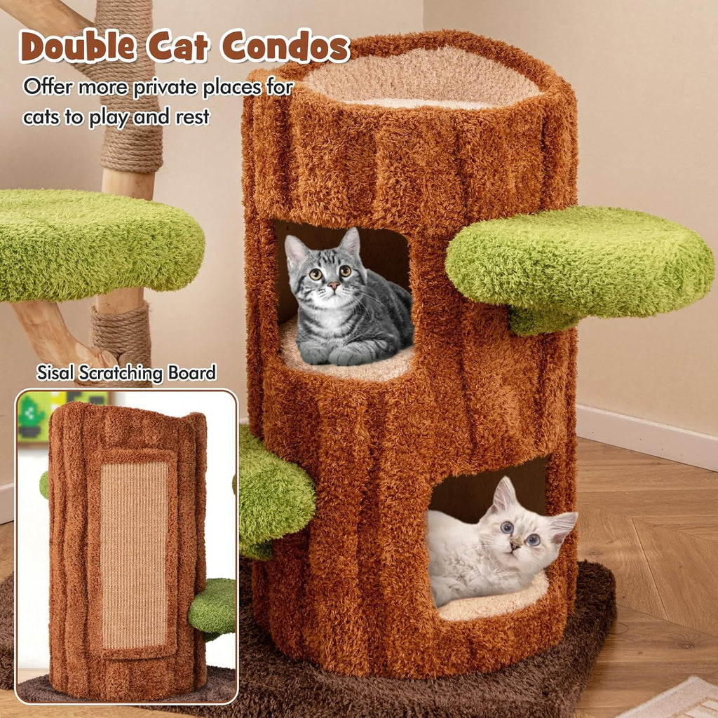 Solid Wood Cat Tree, Cute Cat Tower with Scratching Posts, 2-Tier Tree Hole Cat Condo, Wood Branches, Sisal Panel