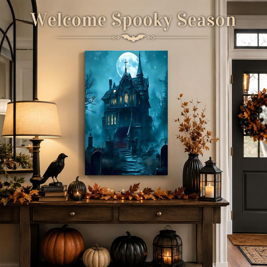 Framed Halloween Canvas Art Haunted Mansion in Foggy Forest Under Full Moon, Gothic Horror Landscape Artwork Canvas