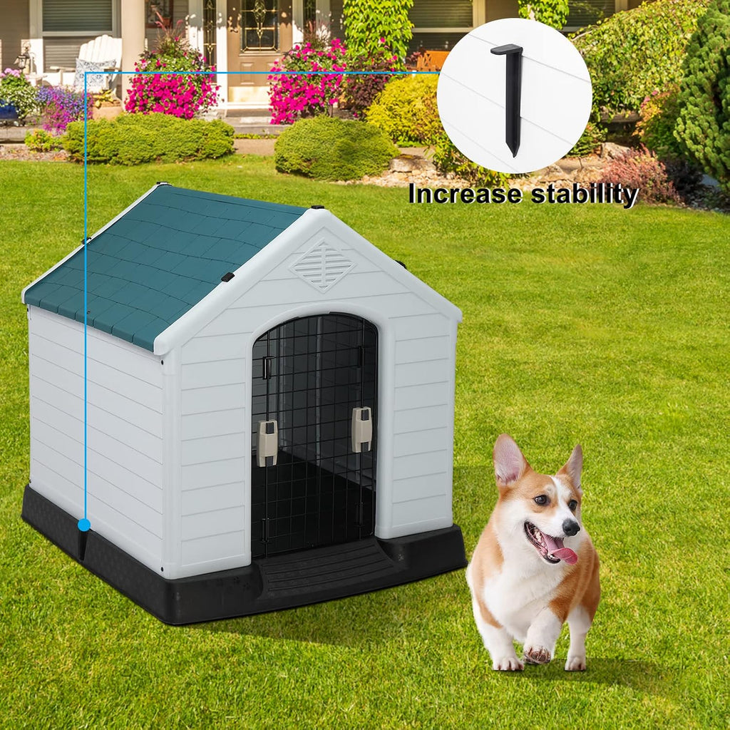 Plastic Dog House, 33" Pet Dog Kennel with Door Water Resistant for Small Medium Sized Dogs, Indoor & Outdoor Use