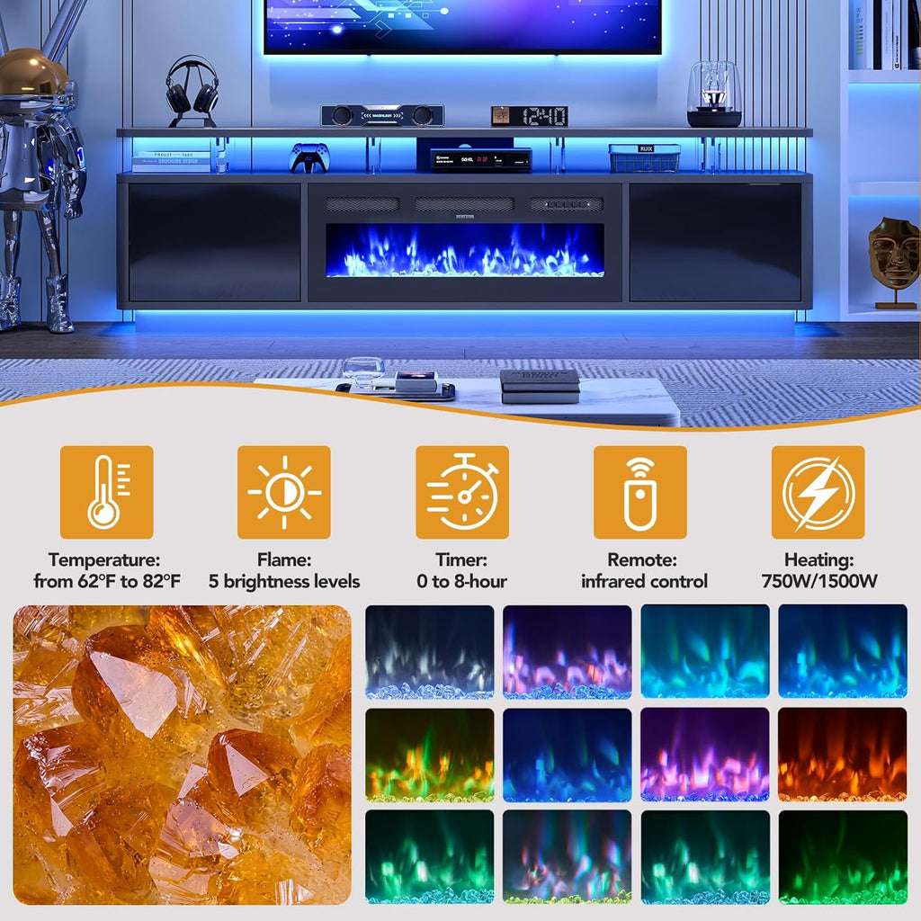 80" Fireplace TV Stand for Living Room, 36" Electric Fireplace with Adjustable Flames & Double LED Lights, Remote