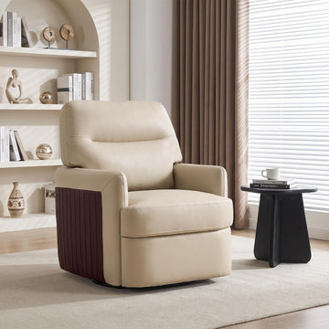 Swivel Leather Accent Chair, Oversized Mid-Century Living Room Chairs,Beige - Set of 2