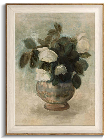Vintage Floral Wall Art Framed, Neutral Flower Still Life Oil Painting, White Roses Canvas Prints Artwork with