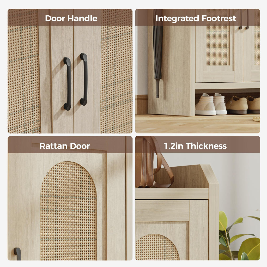 5-Tier Rattan Shoe Cabinet with Doors, 1.2" Thick Hidden Shoe Rack, Oak