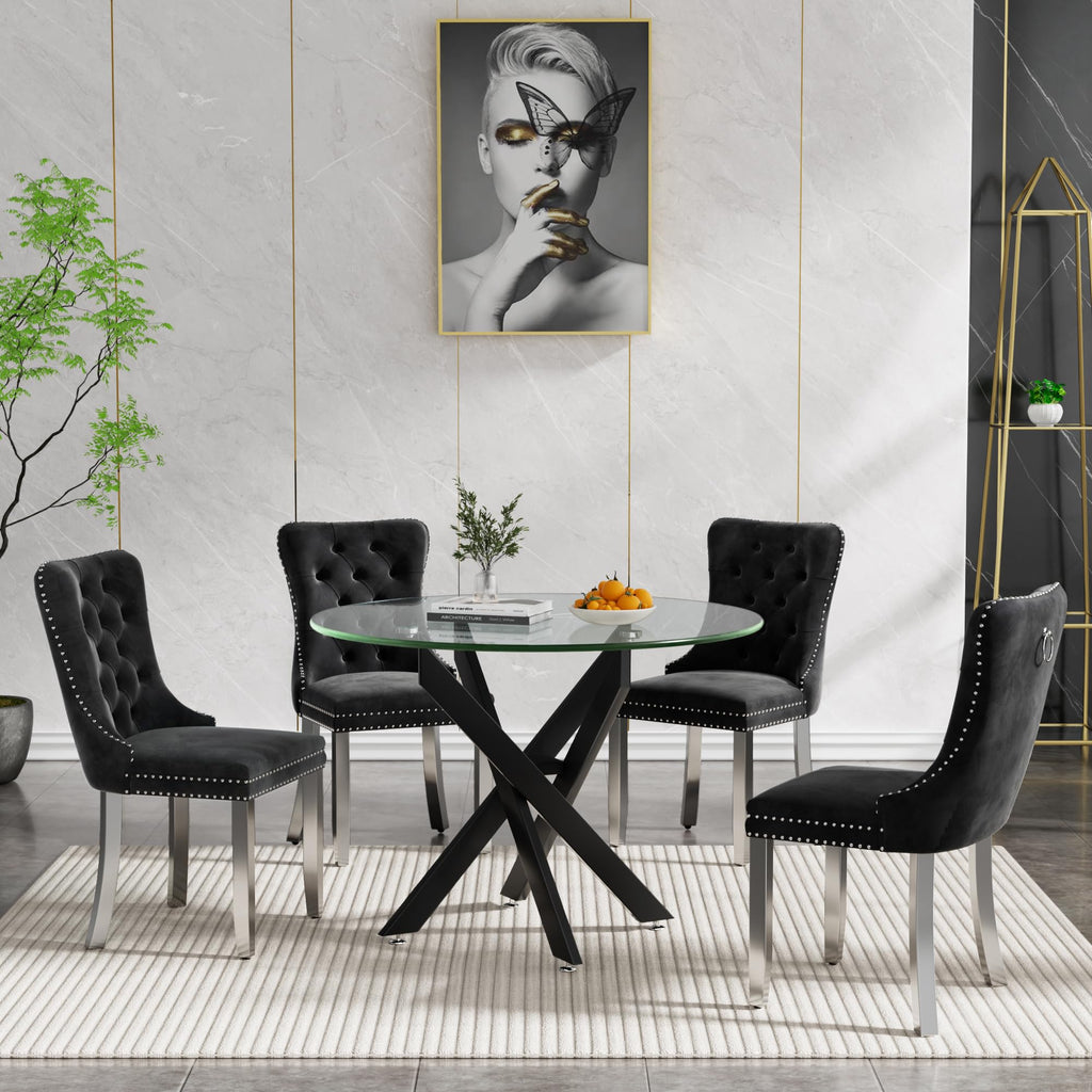 5 Piece Round Glass Dining Table Set for 4, 35" Round Dining Table & Chair Set Modern Small Circle Glass Kitchen