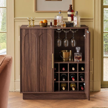 31.5" Wine Bar Cabinet, Mid Century Modern Sideboard, Walnut | Liquor Cabinet with 3 Stemware Racks, 21 Wine Racks
