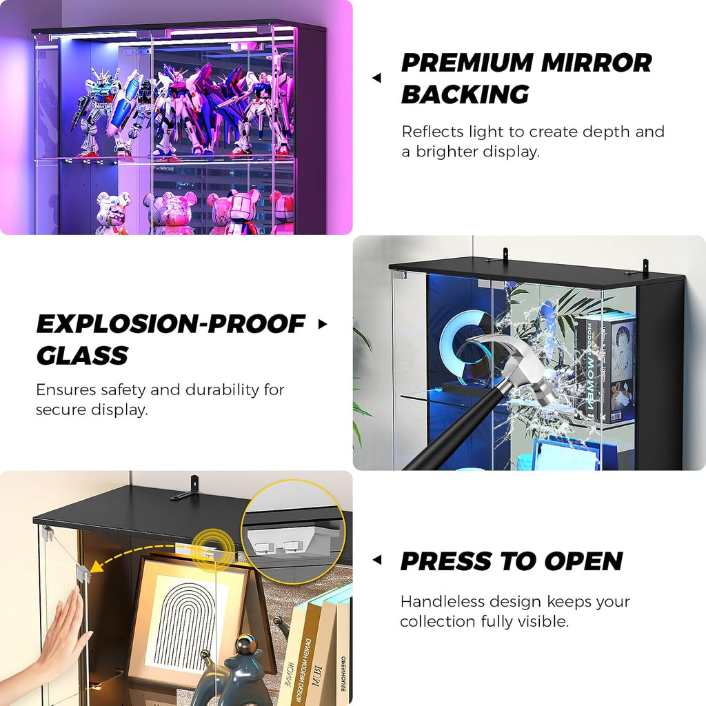 Display Cabinet with Glass Doors, 4-Tier Curio Cabinet with RGB Lights for Collectibles, Display Case with 2 Drawers