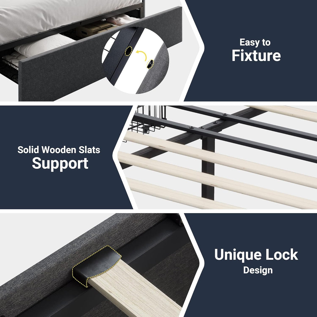 Queen Platform Bed Frame with 3 Storage Drawers, Fabric Upholstered, Wooden Slats Support, No Box Spring Needed