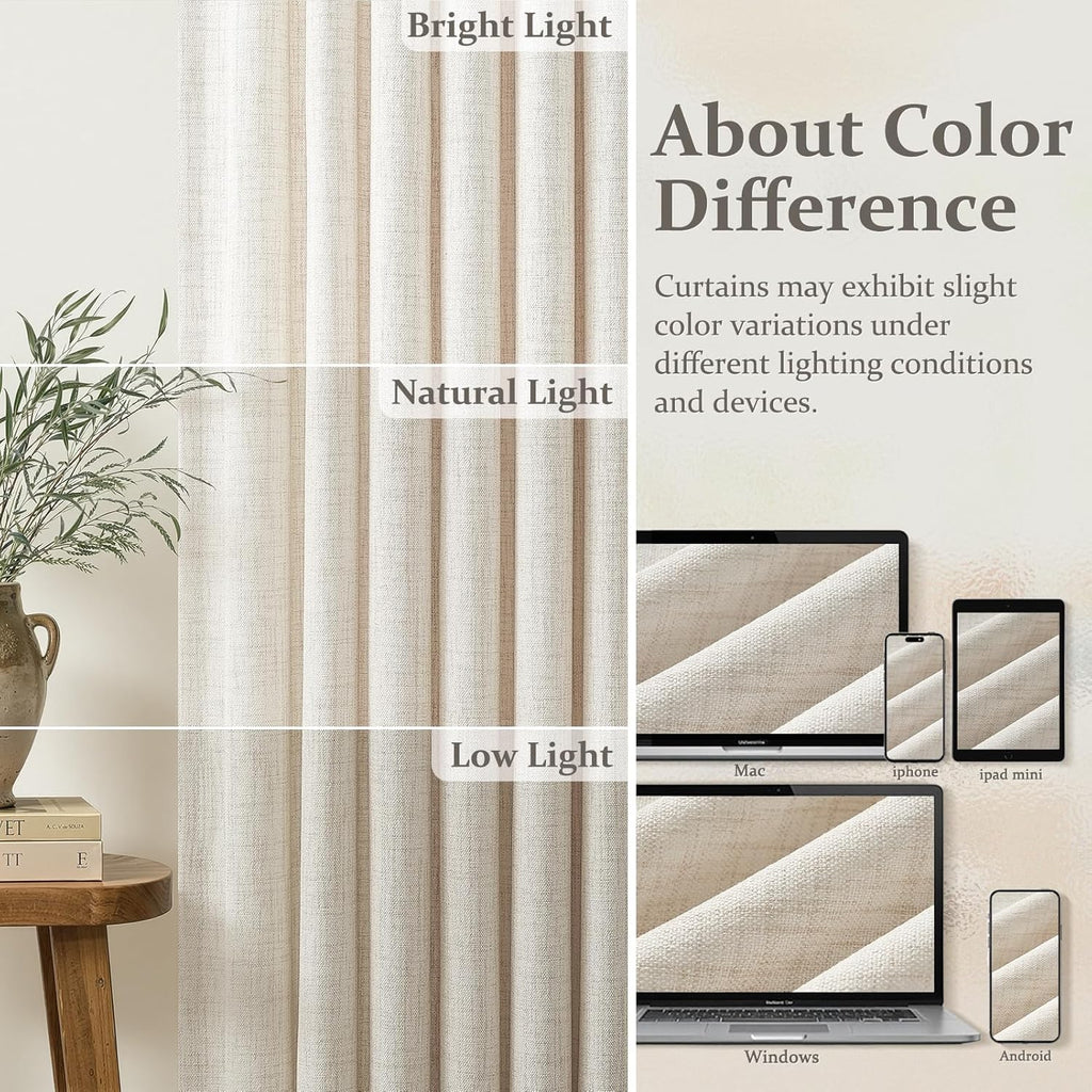 Pinch Pleated Linen 50 Inch Wide Curtains 96 Inches Long, Memory Trained Pleat Boho Semi Sheer Birch Light Filtering