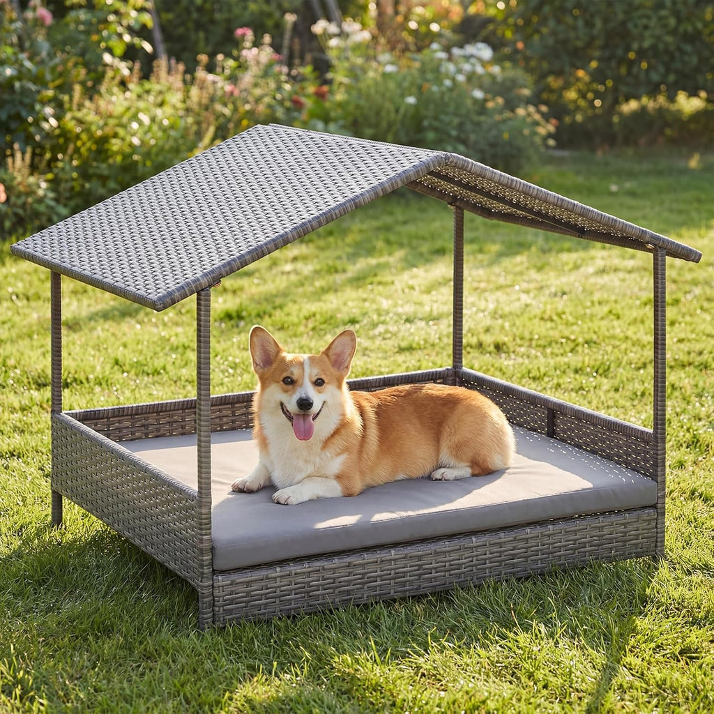 Outdoor Wicker Dog House with Roof Canopy, Elevated Rattan Dog Bed with Washable Cushion, Weatherproof Patio Pet Bed