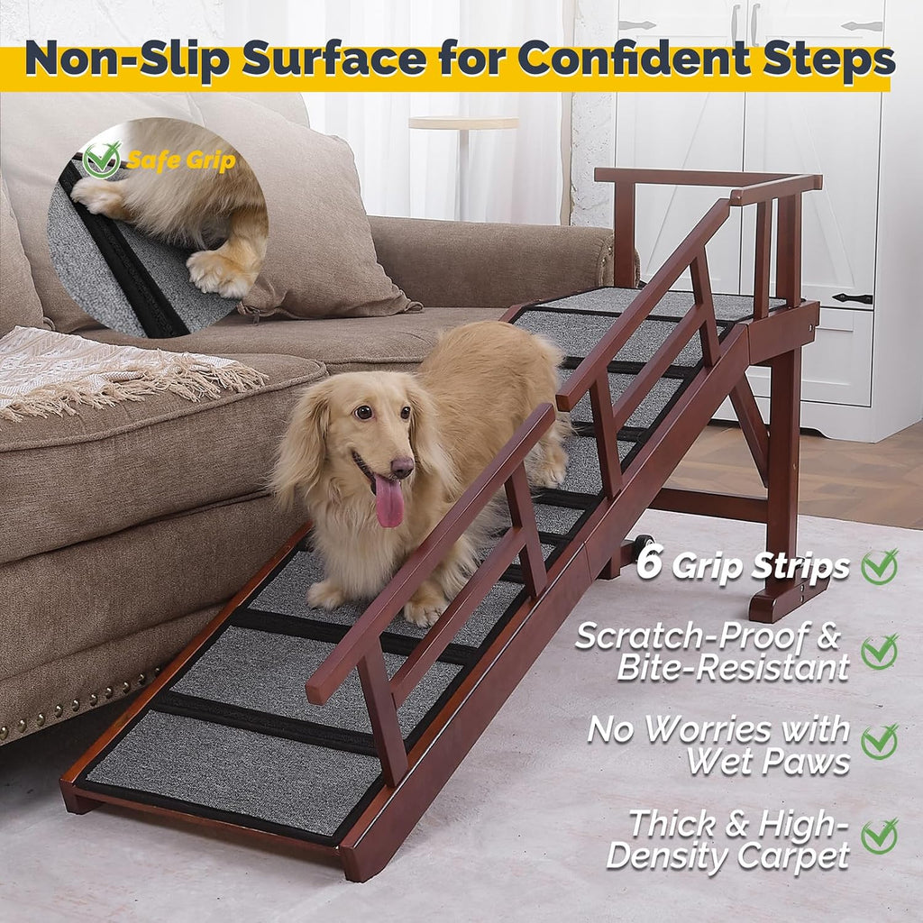 Dog Ramp for Bed or Couch, Wooden Pet Ramp with 20° Gentle Slope, Removable Side Rails, Non-Slip Surface, Top