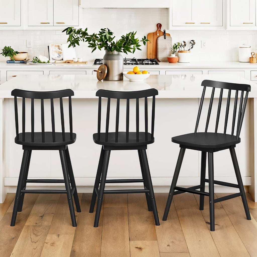 360° Swivel Bar Stools Set of 3, Black Windsor Barstools, Counter Height Barstool with Spindle Back, 24 inch