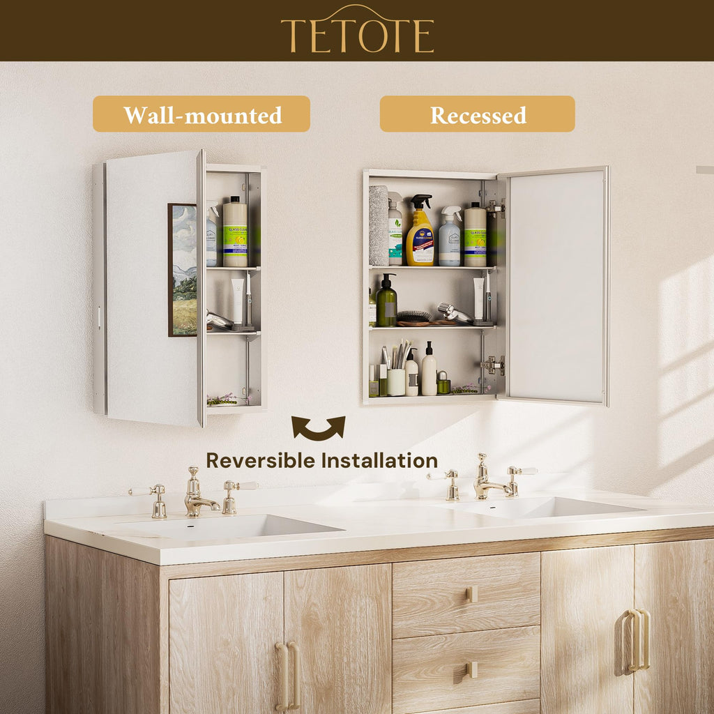 14 x 24 Medicine Cabinet with Tempered Beveled Mirror Silver Aluminum Cabinet DTC Hinges, Stepless Adjustable