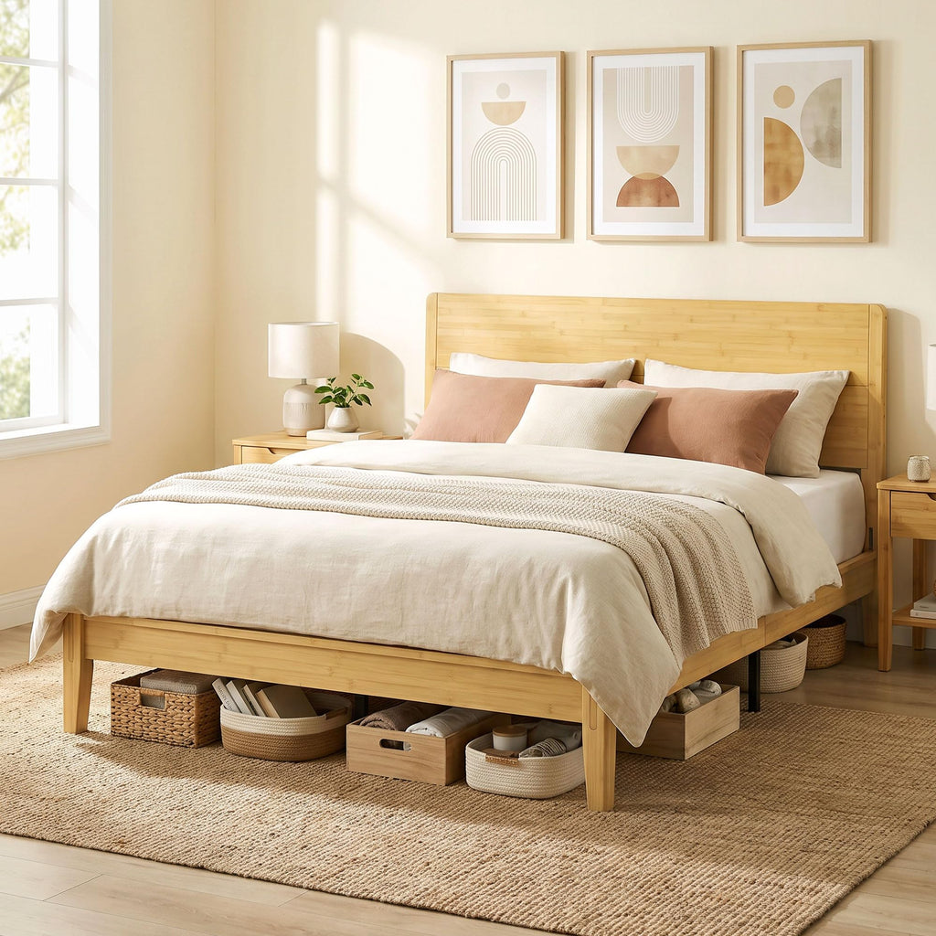Queen Size Bamboo Platform Bed Frame with High Headboard Natural