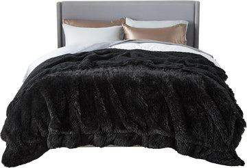 Faux Fur Fluffy Sherpa Fleece King Bed Blanket Black 108"x90" | Fuzzy Plush, Thick Warm, Fall, Comfort Cozy Soft Home