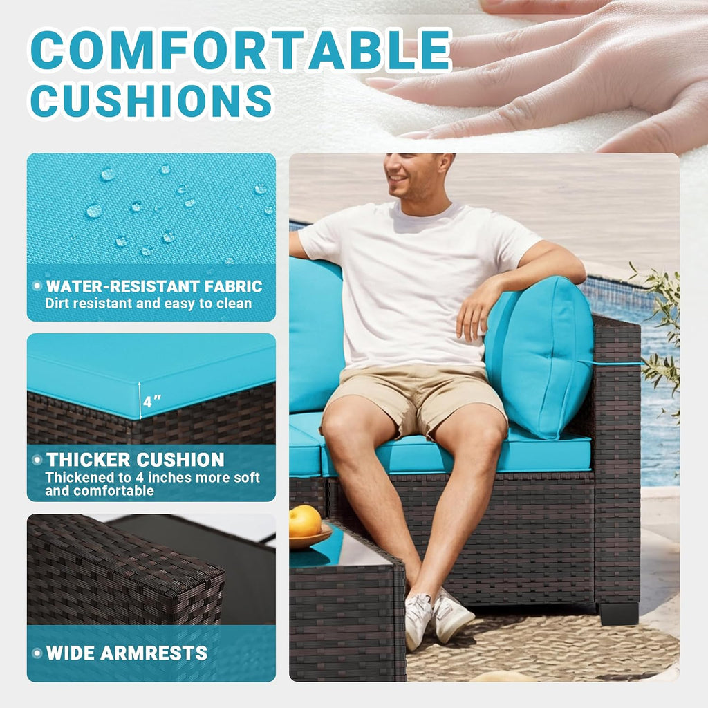 7-Piece Outdoor Patio Furniture Sets, Manual Weaving Rattan Conversation Sectional Sofa with Tempered Glass Coffee